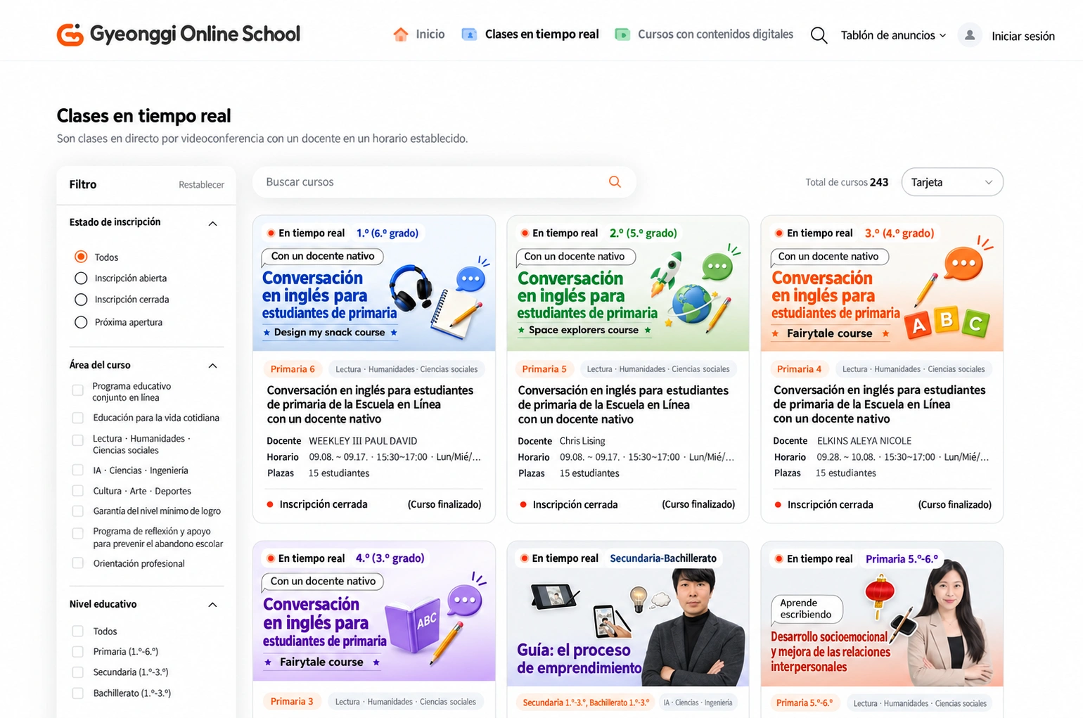Pantalla de clases en tiempo real con filtros y lista de cursos