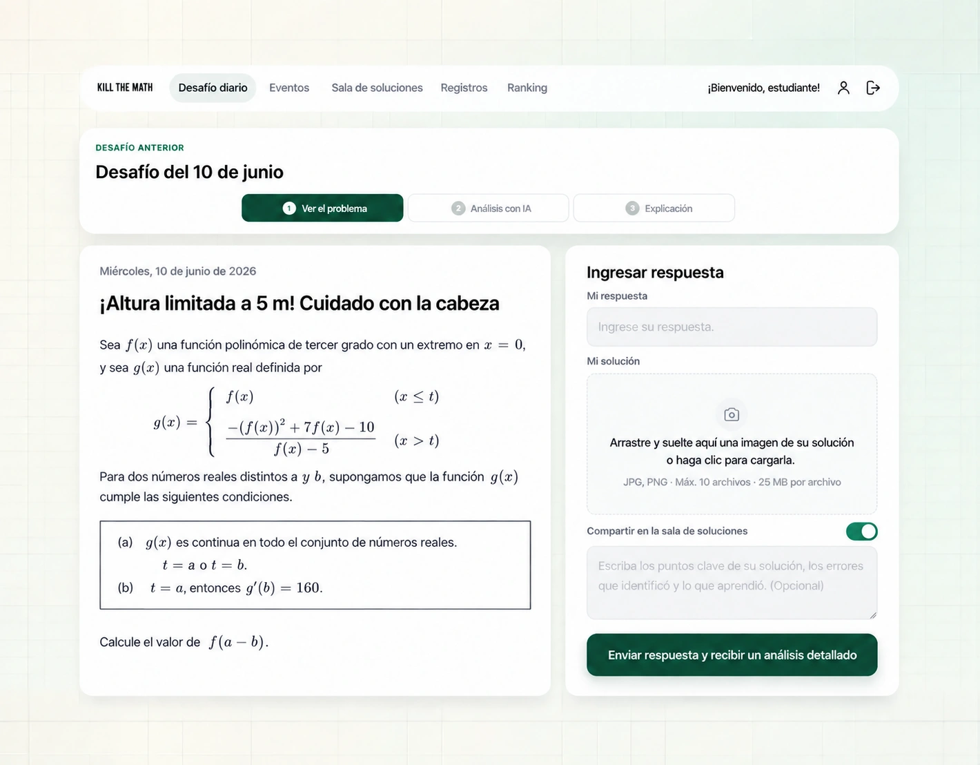 Pantalla de KillTheMath con un problema de alta dificultad y la opción de cargar una solución manuscrita