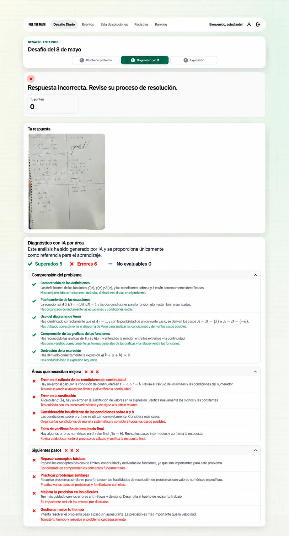 Pantalla de KillTheMath que analiza la comprensión del problema, la estrategia y la ejecución