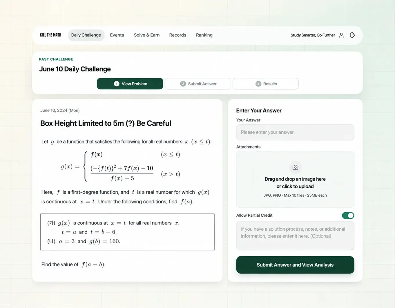 KillTheMath interface with an advanced problem and handwritten solution upload